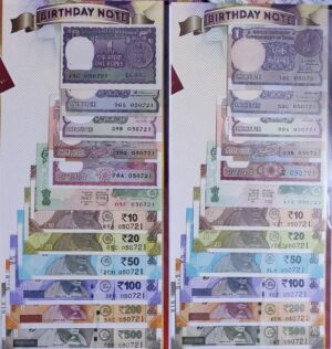 1 Rs(new),1 Rs( old small coin),1 Rs (old bigcoin),2 Rs (satellite),2 Rs (tiger),5 Rs to 500 Rs Birthday notes